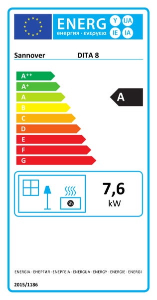 Europäisches Energielabel für Sannover DITA 8, Energieeffizienzklasse A, Wärmeleistung 7,6 Kilowatt.