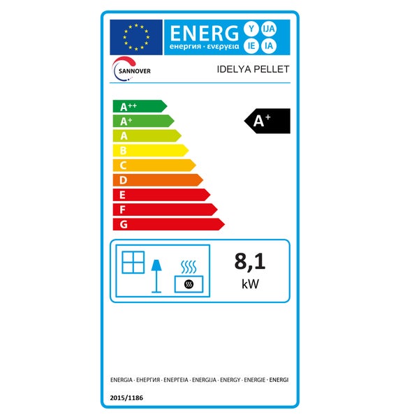 EU-Energielabel für Sannover Idelya Pelletofen, Energieeffizienzklasse A plus, Wärmeleistung 8,1 Kilowatt.