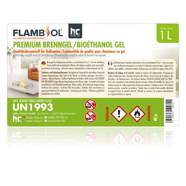 Premium Brenngel oder Bioethanol Gel für Gelkamine, 1 Liter. Nicht in der Nähe von Hitze oder offenen Flammen verwenden. Gefahr.