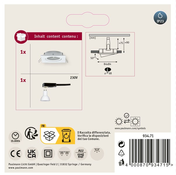 Produktverpackung eines Paulmann Einbaustrahlers mit technischen Zeichnungen, Maßangaben, Inhaltsliste und verschiedenen Sicherheitskennzeichen.
