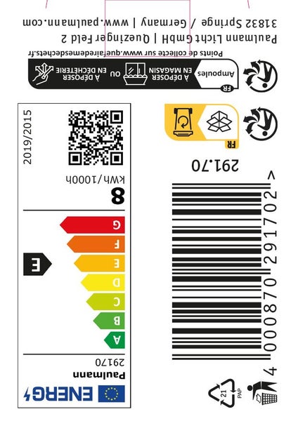 Energieetikett und Produktinformationen für Paulmann Leuchtmittel mit Energieeffizienzklasse E und Barcode.