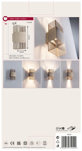 LED Wandleuchte Tharin IP44 3000K 120x250 mm 2x3,7W Gold