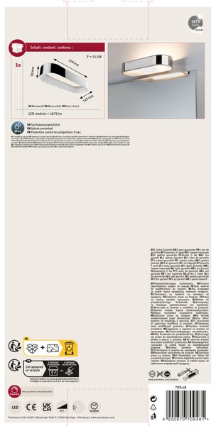 LED Wandleuchte mit 1875 Lumen und 15,5 Watt Leistung inklusive Maße und IP44 Spritzwasserschutz Zertifizierung.
