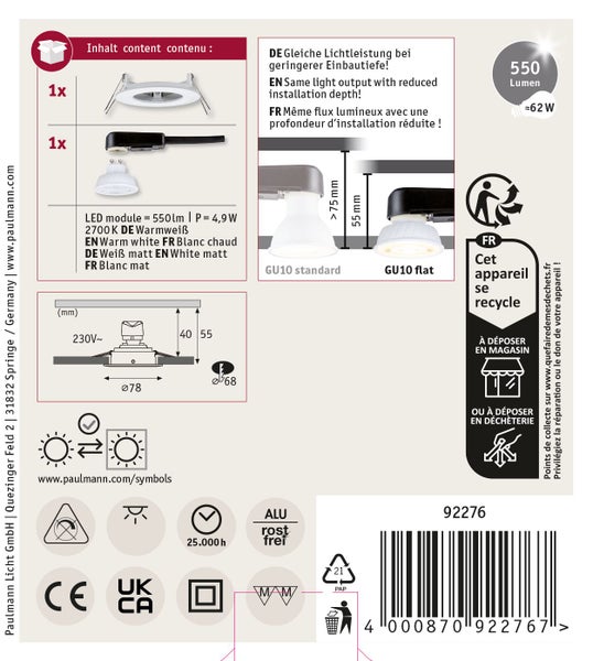 Produktinformationsblatt für Paulmann Einbauleuchte mit LED Modul 550 Lumen, 4,9 Watt, 2700 Kelvin, inklusive technischer Zeichnungen und Maße.