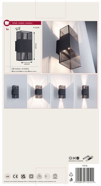 Paulmann Wandleuchte mit LED Modul, Maße 250 mal 120 mal 104 Millimeter, Leistung 8,5 Watt, warmweißes Licht, Design mit Gitteroptik.