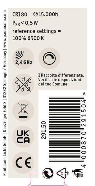 Technisches Etikett einer Paulmann Leuchte mit Leistungsdaten, Funksymbol, Konformitätszeichen und Barcode.