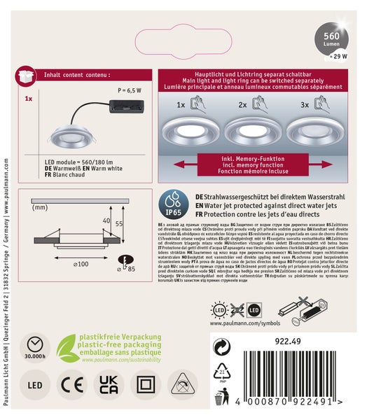 Paulmann LED Einbauleuchte IP65 mit Hauptlicht und Lichtring separat schaltbar inklusive Memory Funktion und Einbaumaßen.