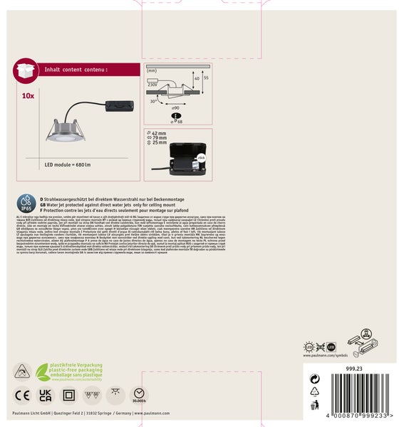 Verpackungsrückseite für LED Einbaustrahler mit technischen Zeichnungen, Maßangaben und Sicherheitshinweisen zur Deckenmontage.