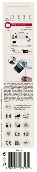 Technische Informationen und Entsorgungshinweise für Paulmann LED Leuchtmittel mit Barcode und Konformitätskennzeichnung.