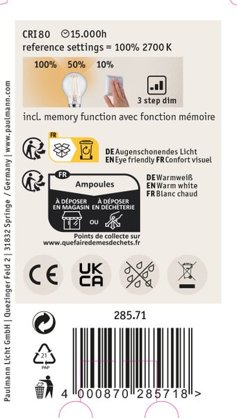 Produktetikett fuer dimmbares LED Leuchtmittel mit dreistufiger Dimmfunktion, Speicherfunktion, warmweissem Licht und technischen Angaben.