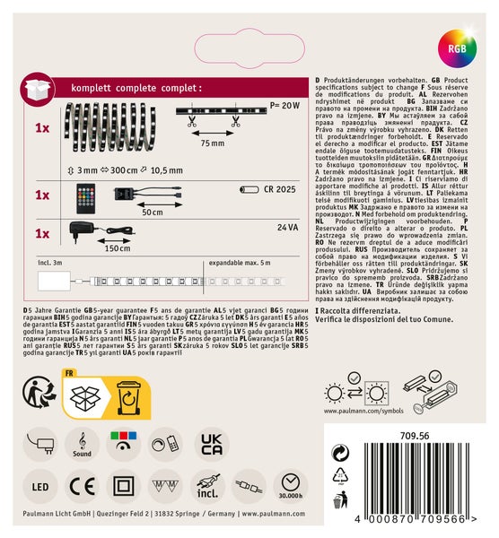 YourLED LED Strip Lights and Sound für musikgesteuerten Farbwechsel 3m beschichtet 17,8W 40 LEDs/m RGB 18VA