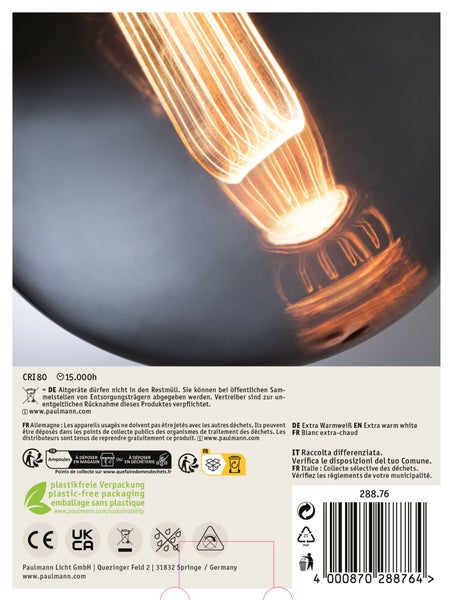 Paulmann LED Leuchtmittel mit Glühfaden in einer Verpackung mit technischen Informationen und Entsorgungshinweisen.