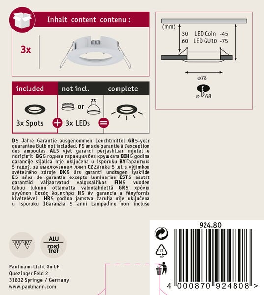 Entsorgungshinweise und Kennzeichnungen auf der Produktverpackung von Paulmann Licht.