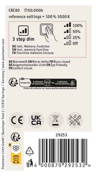 Energieeffizienzlabel und technische Produktinformationen fuer Paulmann Beleuchtung mit Barcode und Recyclinghinweisen.