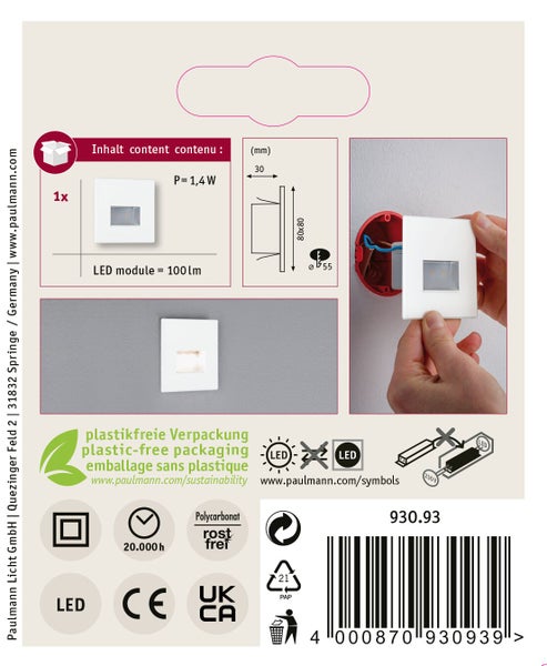 Wandeinbauleuchte Paulmann mit LED Modul, 1,4 Watt und 100 Lumen, inklusive Montagehinweisen und technischen Symbolen auf der Produktverpackung.