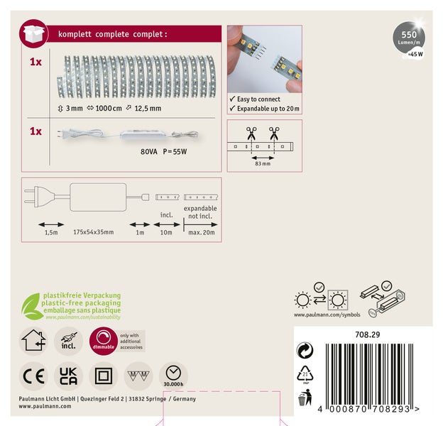 Paulmann MaxLED 500 Basis Set mit 10 Meter LED Streifen, 5500 Lumen, 2700 Kelvin warmweiß, dimmbar, inklusive Netzteil