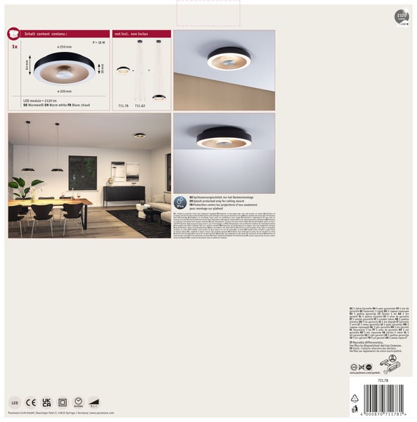 LED Deckenleuchte mit warmweißem Licht zur Montage an der Zimmerdecke inklusive technischer Maßzeichnungen und Anwendungsbeispielen.