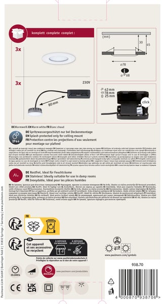 Technisches Datenblatt für ein Einbauleuchten Set bestehend aus drei spritzwassergeschützten LED Strahlern mit Montageskizze und Maßangaben.