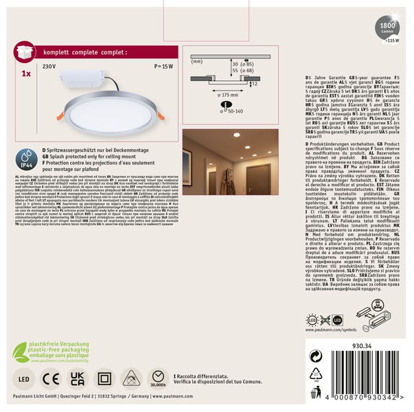 VariFit LED Einbaupanel Areo IP44 rund 175 mm 13W 1200lm 3000K Chrom matt