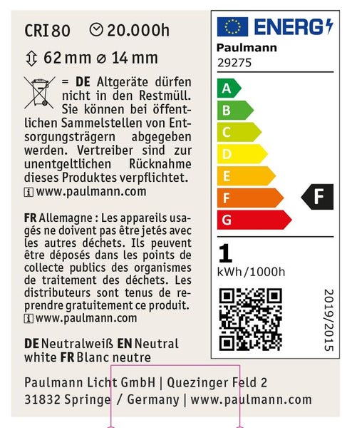 Energieeffizienzlabel der Paulmann LED Lampe mit Effizienzklasse F und technischen Produktdaten wie Lebensdauer und Abmessungen.
