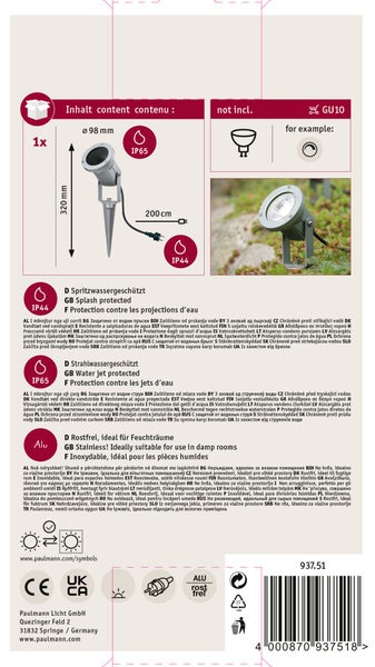 Technische Produktverpackung für Bodeneinbauleuchte, inklusive Abmessungen, Schutzarten IP65 und IP44, Materialhinweisen und Paulmann Logo.