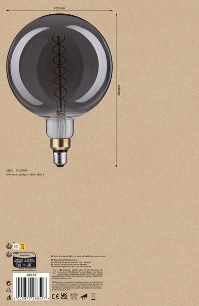 Große LED Filament Lampe mit E27 Sockel, 200 Millimeter Durchmesser und 300 Millimeter Höhe, Design Leuchtmittel mit 1800 Kelvin.
