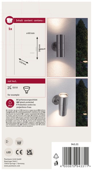 Produktverpackung einer zylindrischen Wandleuchte mit Maßangaben, IP44 Schutzart und GU10 Leuchtmittelsockel von Paulmann Licht.