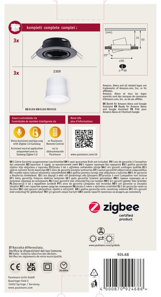 Set mit 3 LED Einbaustrahlern inklusive technischer Zeichnung und Produktinformationen für die Smart Home Steuerung per Zigbee.