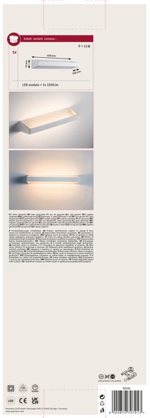 Wandleuchte mit LED Modul, 13 Watt, 1500 Lumen, Abmessungen 400 mal 70 mal 100 Millimeter, inklusive 5 Jahre Garantie.