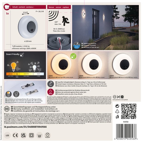 Produktinformationsblatt für Paulmann LED Außenwandleuchte mit Bewegungsmelder, IP65 strahlwassergeschützt und seewasserfest, für den Außenbereich.