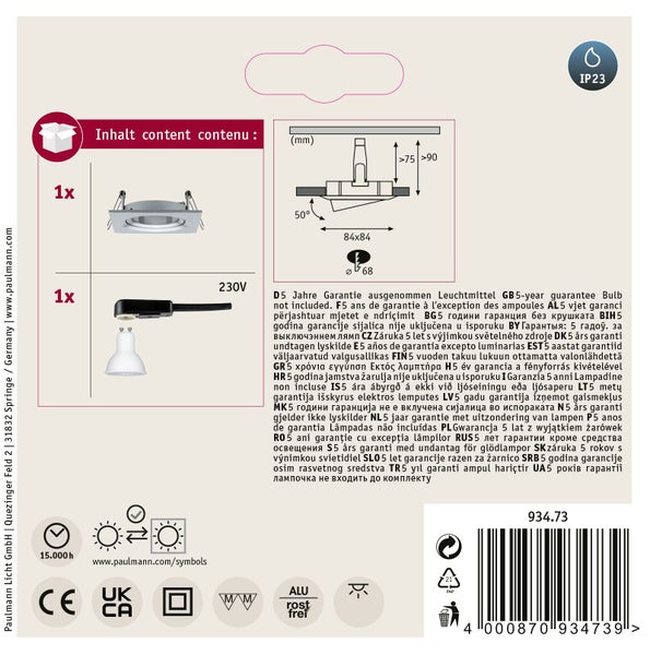 Einbauleuchte mit Montageanleitung und technischen Daten fuer Deckenmontage, Schutzart IP 23.
