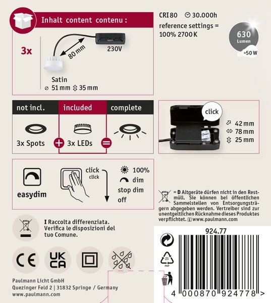 Technisches Datenblatt für ein Paulmann LED Einbaustrahler Set mit drei Spots inklusive Easydim Dimmfunktion und Installationsabmessungen.