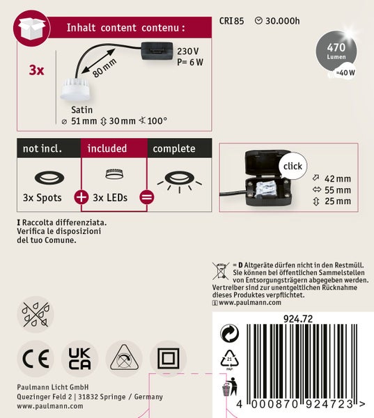 Infografik zum Lieferumfang eines Paulmann LED Einbaustrahler 3er Set mit technischen Daten wie 470 Lumen, 6 Watt und Abmessungen.
