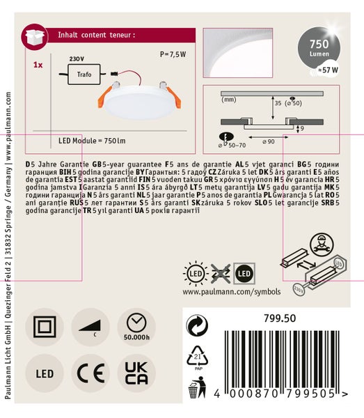 Abmessungen einer LED Lampe: 225 mm breit, 225 mm lang und 50 mm hoch. Fünf Jahre Garantie.