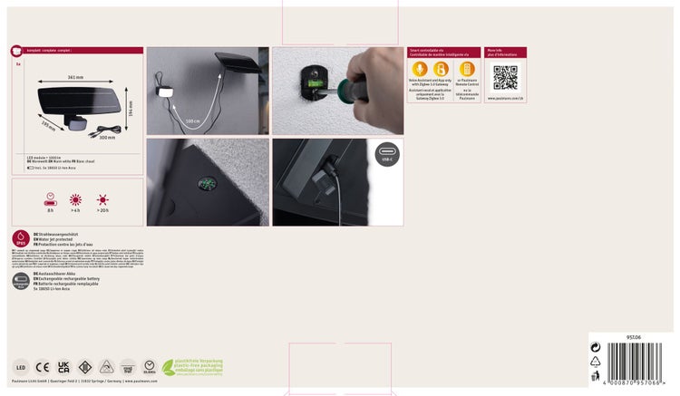 Energieetikett der Paulmann Licht GmbH mit Energieeffizienzklasse E und Barcode für Leuchtmittel.