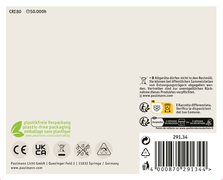 Informationen zur Verpackung, Entsorgung und Zertifizierung von Paulmann Leuchtmitteln mit Barcode und Produktdaten.