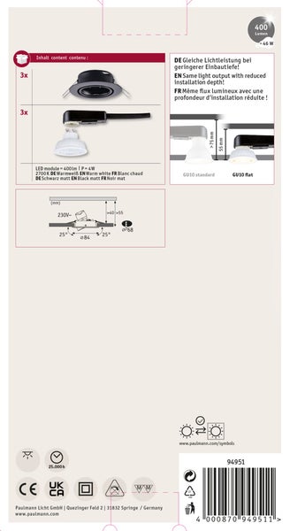 Set aus 3 Einbauleuchten mit LED Modul 4 Watt 400 Lumen 2700 Kelvin in Schwarz matt mit Montageanleitung und technischen Zeichnungen.