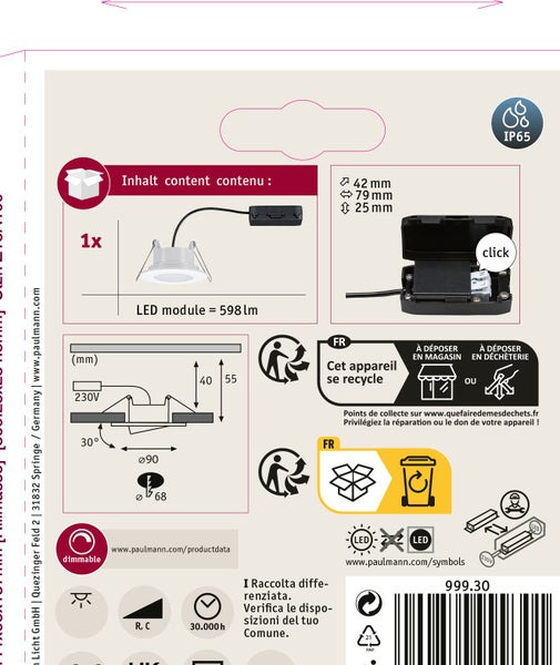 Technische Anleitung und Produktdaten für Paulmann LED Einbauleuchte mit Abmessungen und Montagehinweisen.