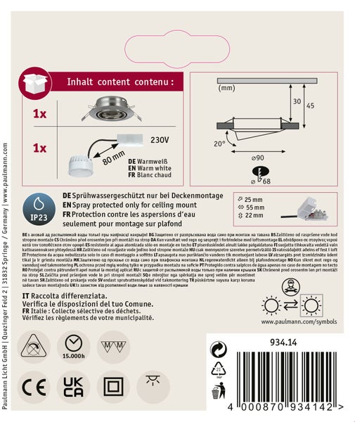 Technische Produktinformation eines Paulmann LED Einbaustrahlers mit IP23 Schutzart fuer Deckenmontage inklusive Massangaben und Produktdaten.