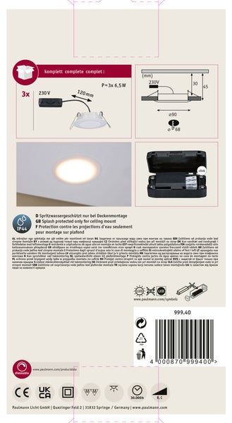 Technische Produktinformationen und Installationsanleitung für ein dreiteiliges LED Einbauleuchten Set mit IP44 Schutz bei Deckenmontage.