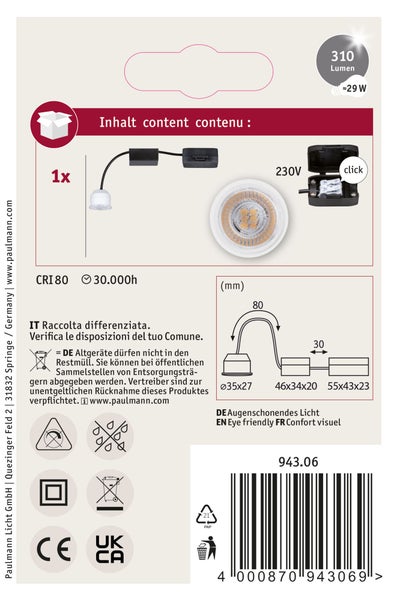 Produktverpackung eines Paulmann LED Einbaustrahlers mit technischen Spezifikationen, Maßen, Montagehinweisen und gesetzlichen Symbolen.