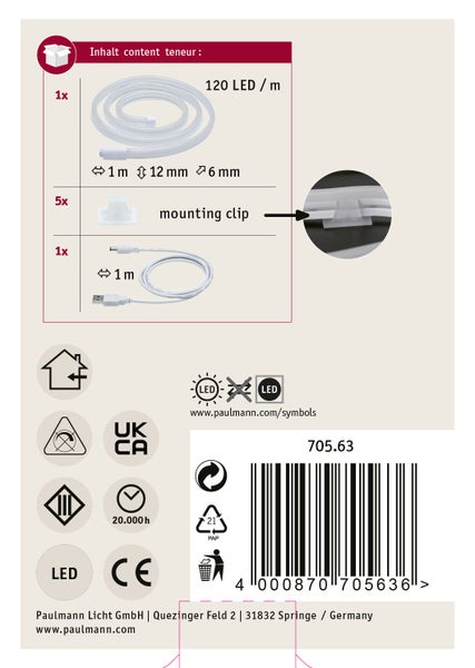 Paulmann LED Streifen Set 5 Meter, 550 Lumen pro Meter, 34 Watt, erweiterbar auf 12,5 Meter, dimmbar mit Zubehör, plastikfreie Verpackung.
