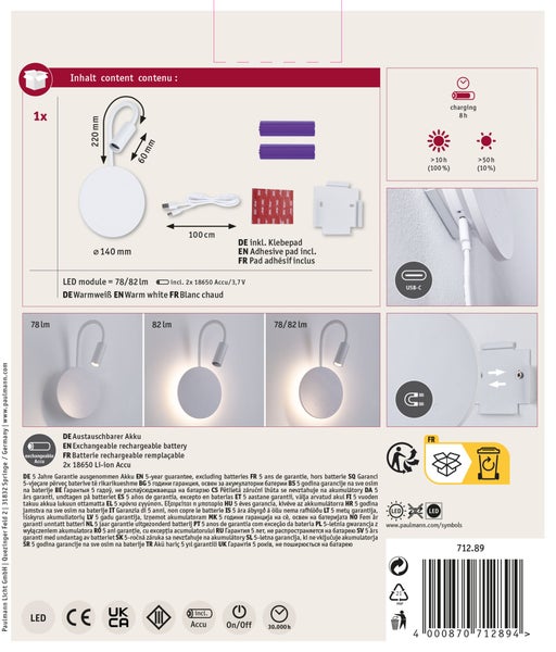 Produktinformationsblatt einer aufladbaren LED Leuchte inklusive technischer Zeichnung, Ladehinweisen, Montagezubehör und Garantieinformationen.