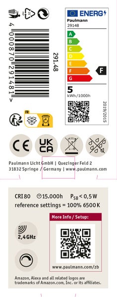 Paulmann LED Leuchtmittel Energielabel mit technischen Spezifikationen und QR Code