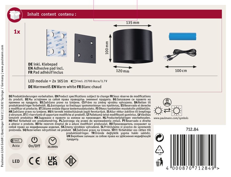 Magnetische Wandleuchte mit Montageplatten zum Schrauben oder Kleben