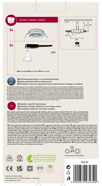 Technische Produktinformation zur Paulmann Deckeneinbauleuchte inklusive Abmessungen, IP23 Schutzart, Materialhinweisen und Garantieinformationen.