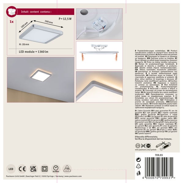 LED Panel Atria Shine Backlight eckig 190x190 mm 11,2W 900lm 3000K Chrom matt
