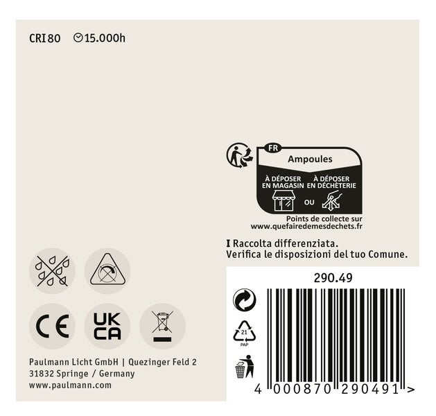Produktetikett von Paulmann Licht mit Barcode, Herstellerinformationen, Entsorgungshinweisen, CE Kennzeichnung und technischen Angaben.