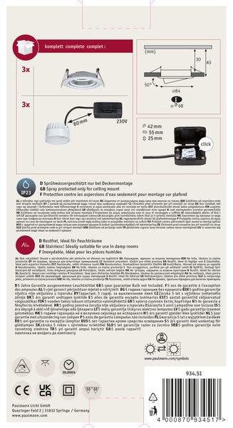Set aus 3 Einbaustrahler aus Edelstahl für Feuchträume, inklusive technischer Zeichnungen, IP23 Schutzart und 5 Jahren Garantie.