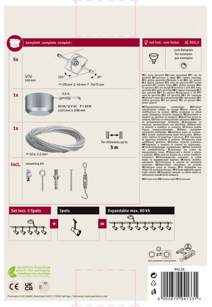 Seilsystem Mac II Basisset GU5,3 max. 5x10W dimmbar 230/12V Chrom matt